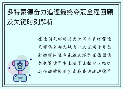 多特蒙德奋力追逐最终夺冠全程回顾及关键时刻解析